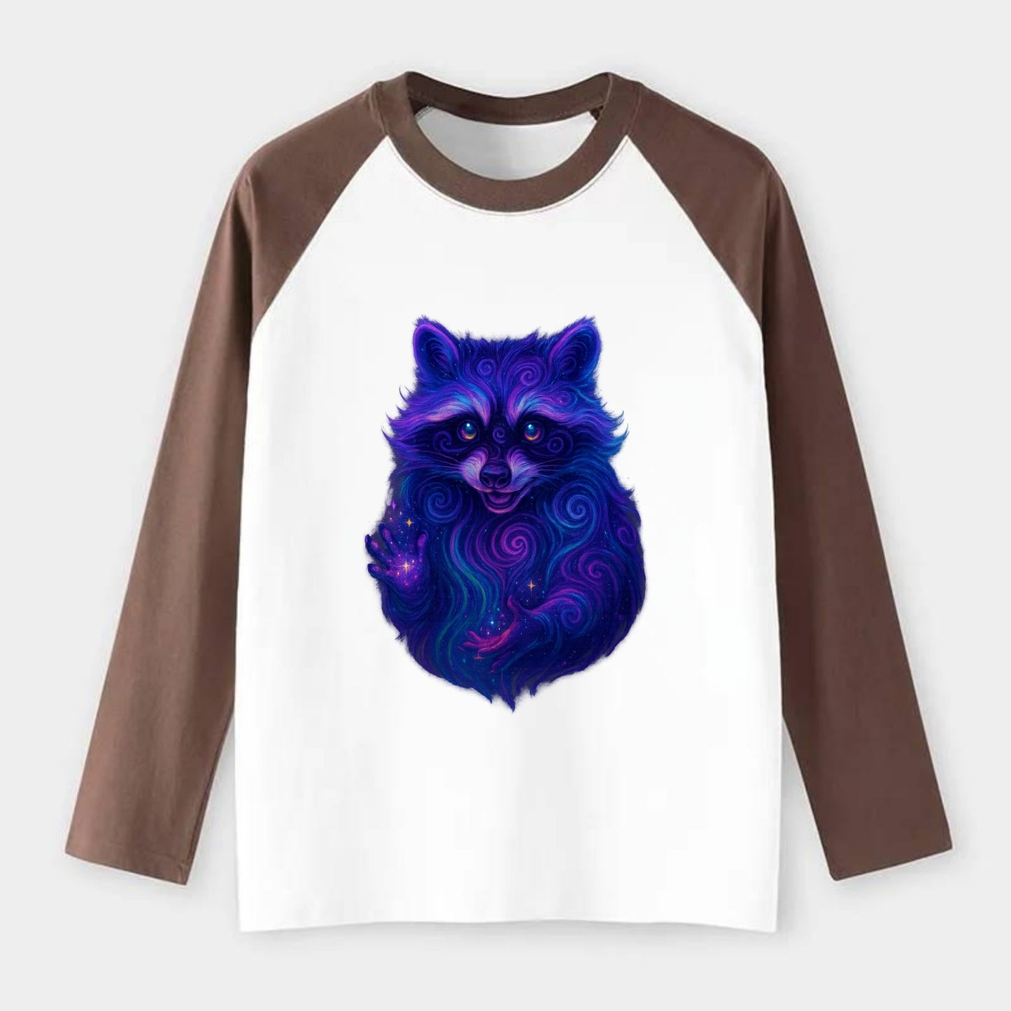 Playful raccoon with mask swirling in hypnotic patterns, neon purple - Raglan Long Sleeve T-Shirt - Coffee