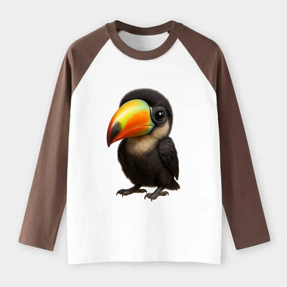 Baby Toucan - oversized colorful beak, black feathers, bright eyes, - Raglan Long Sleeve T-Shirt - Coffee