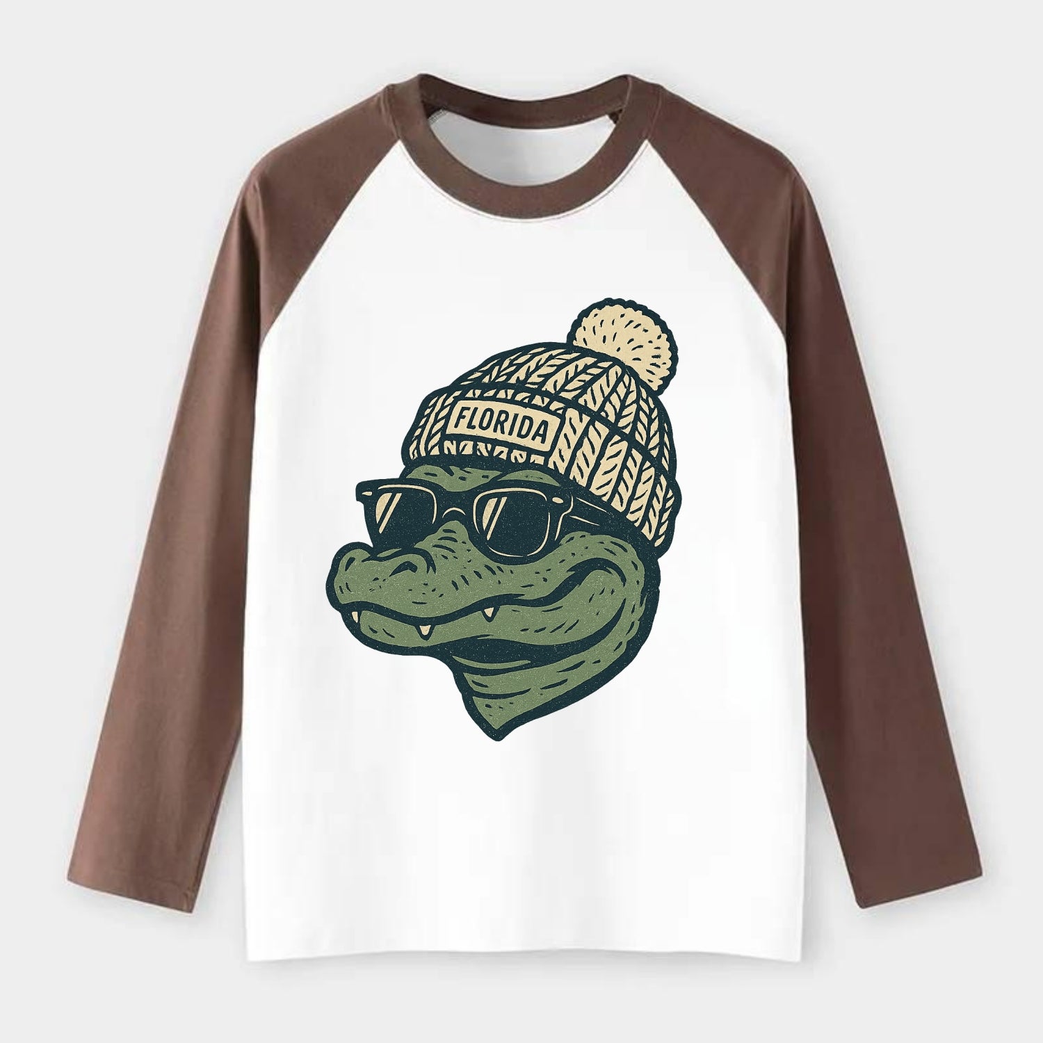 Gainesville Gator wearing Florida beanie - Raglan Long Sleeve T-Shirt - Coffee
