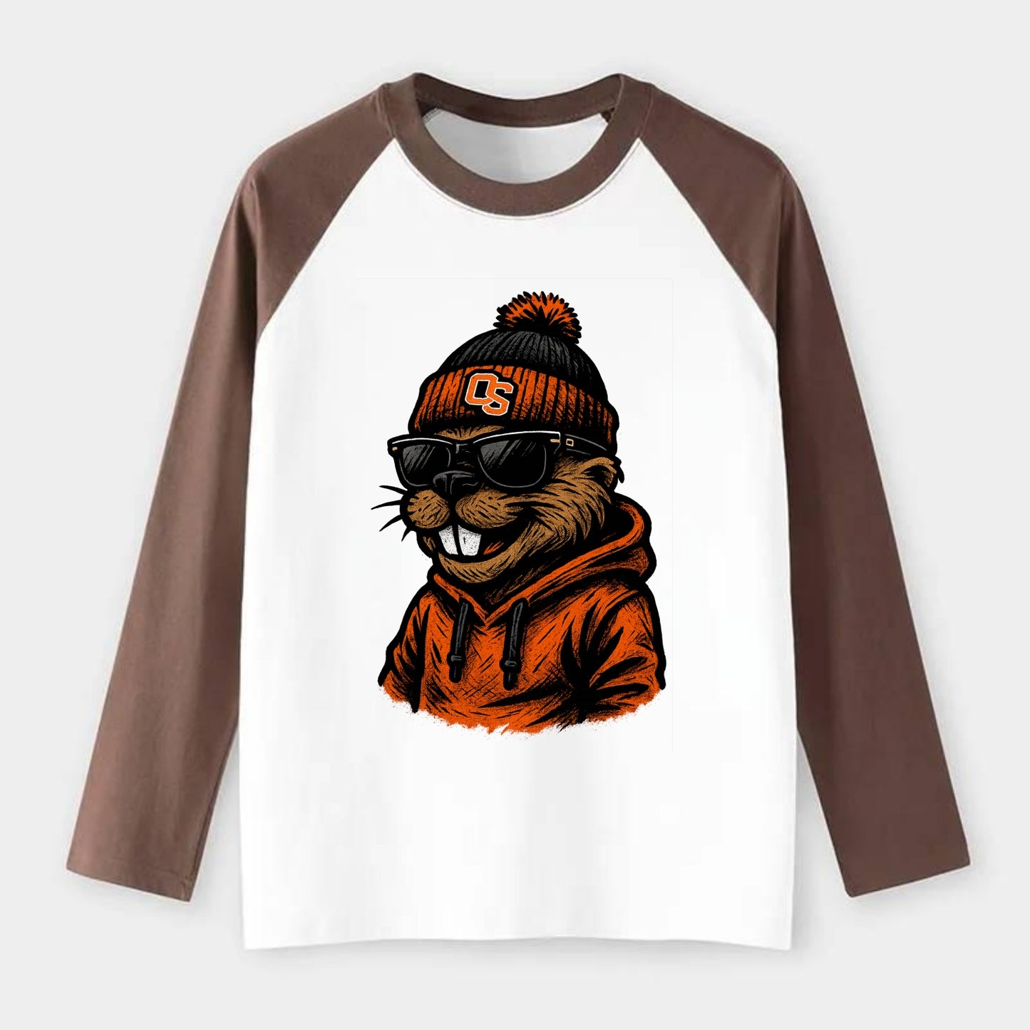 Corvallis Beaver wearing Oregon State beanie with OS patch - Raglan Long Sleeve T-Shirt - Coffee