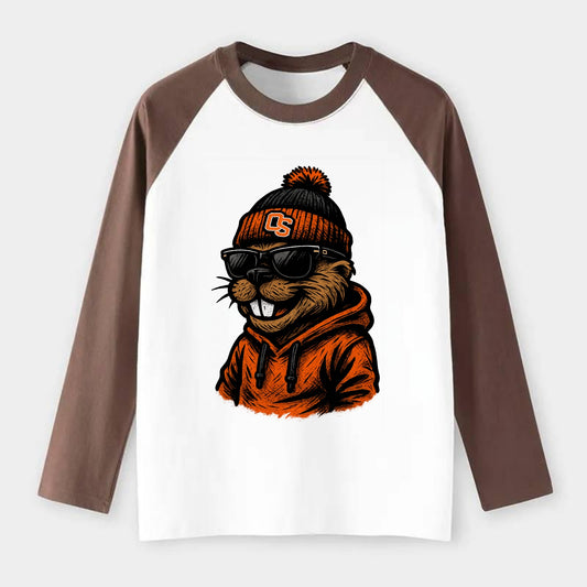 Corvallis Beaver wearing Oregon State beanie with OS patch - Raglan Long Sleeve T-Shirt - Coffee