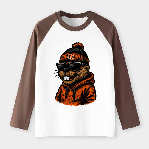 Corvallis Beaver wearing Oregon State beanie with OS patch - Raglan Long Sleeve T-Shirt