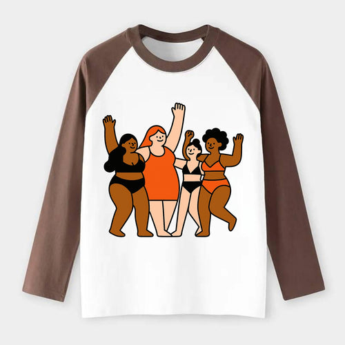 Diverse body types celebrating together - body positivity movement, - Raglan Long Sleeve T-Shirt