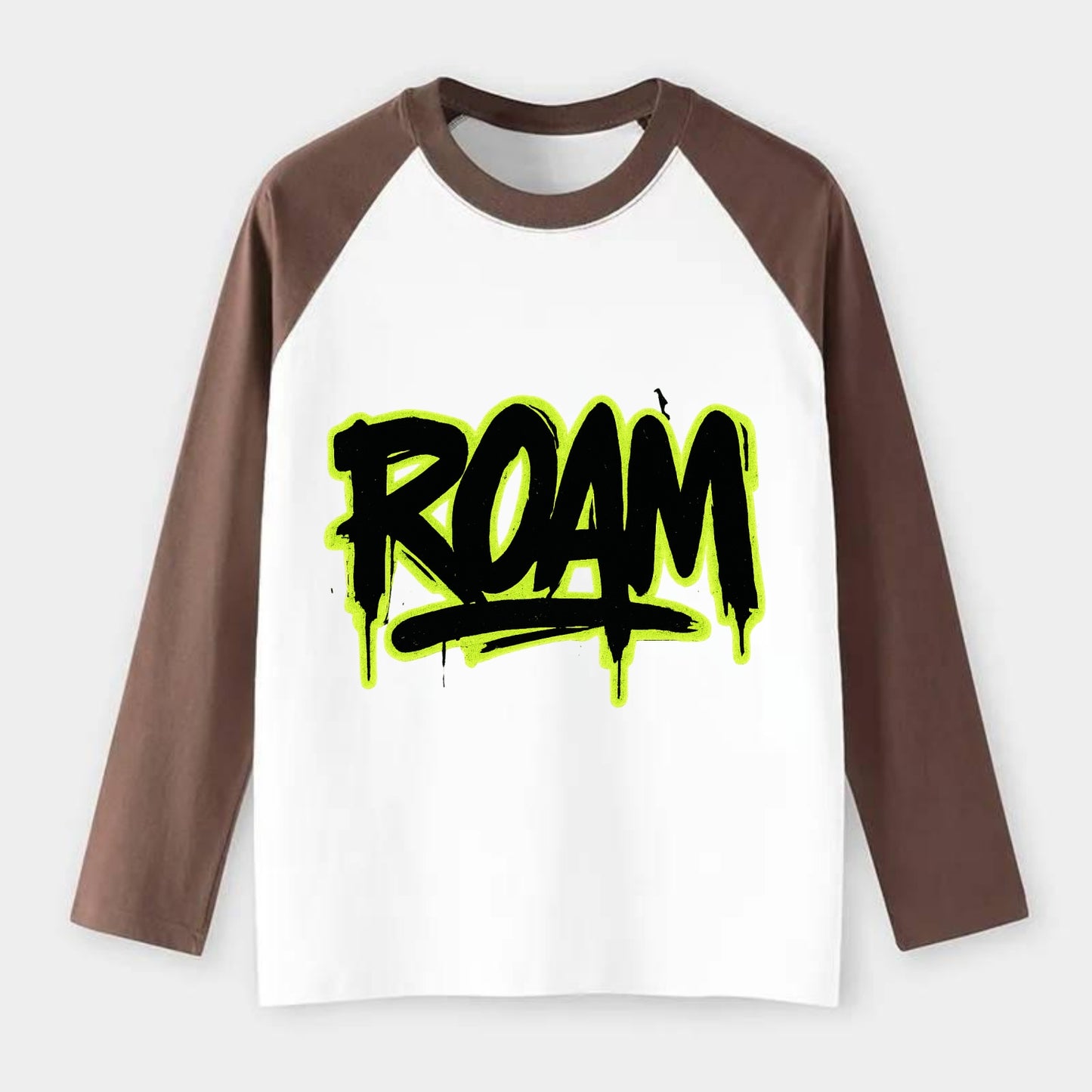 Bold typography design - "ROAM" - wander freely, no destination needed - Raglan Long Sleeve T-Shirt - Coffee