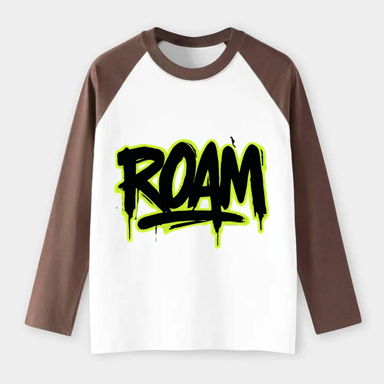 Bold typography design - "ROAM" - wander freely, no destination needed - Raglan Long Sleeve T-Shirt - Coffee