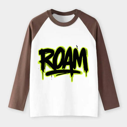 Bold typography design - "ROAM" - wander freely, no destination needed - Raglan Long Sleeve T-Shirt - Coffee