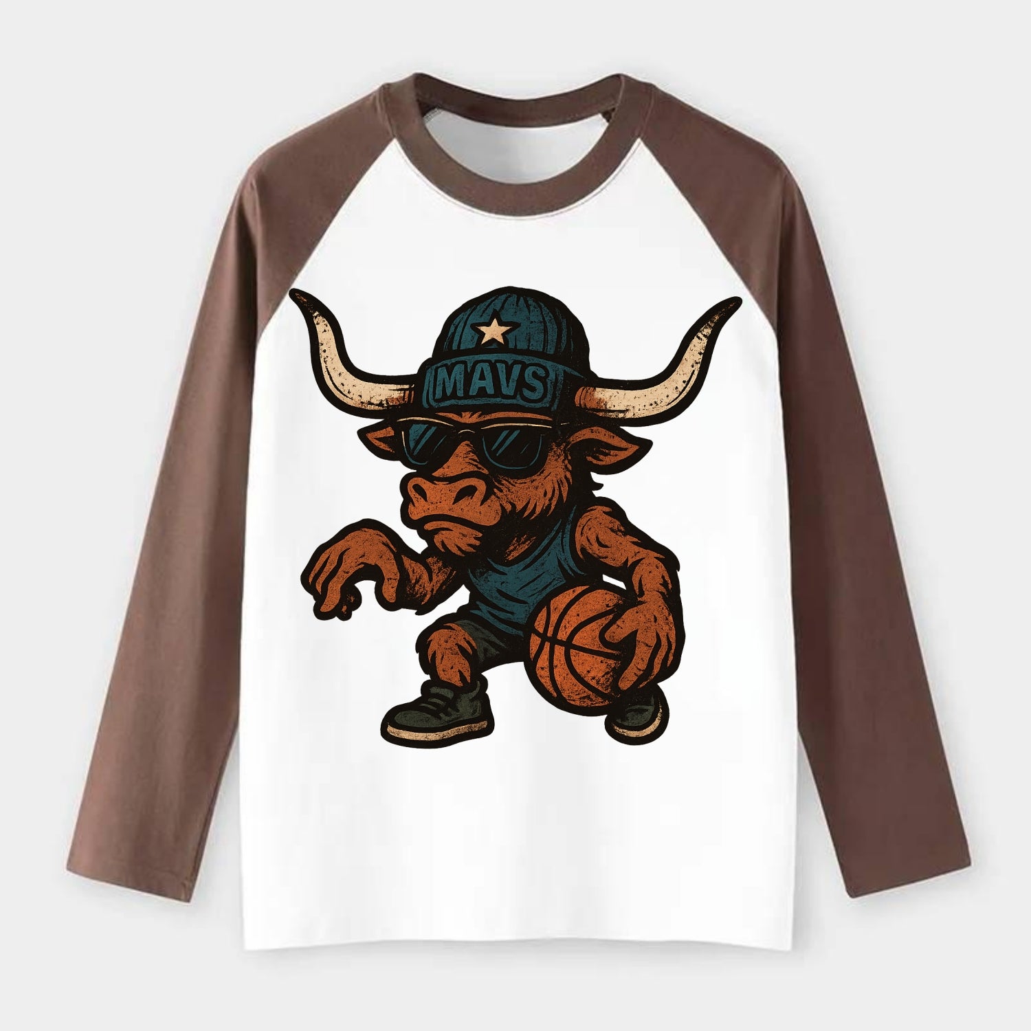 Texas Longhorn wearing Mavs beanie with lone star patch and wayfarer - Raglan Long Sleeve T-Shirt - Coffee