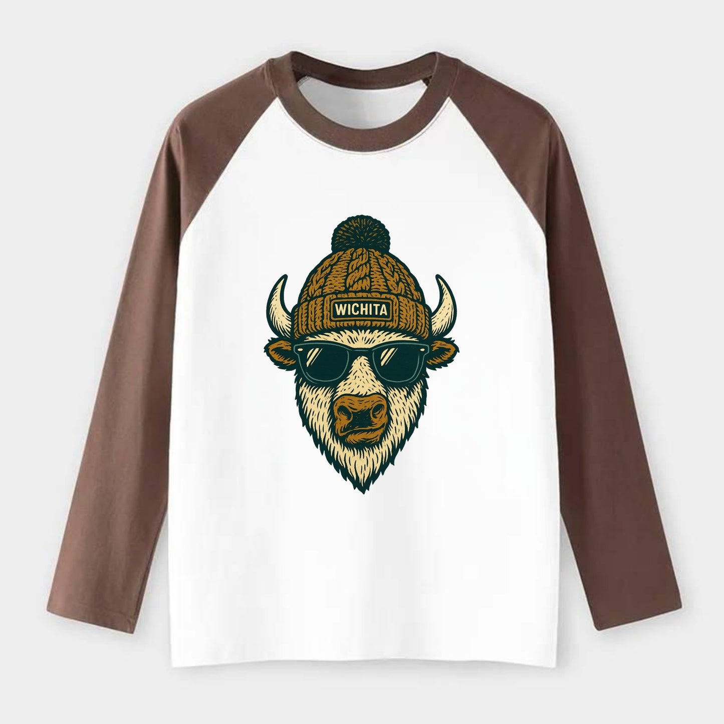 Kansas American Bison wearing Wichita beanie with pom pom and wayfarer - Raglan Long Sleeve T-Shirt - Coffee