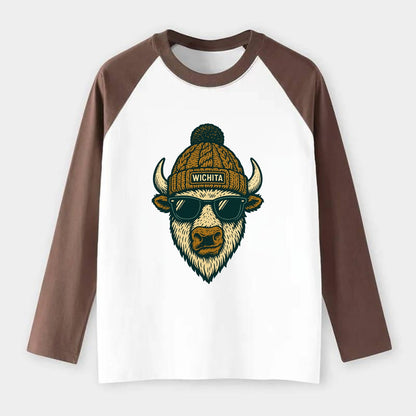 Kansas American Bison wearing Wichita beanie with pom pom and wayfarer - Raglan Long Sleeve T-Shirt - Coffee