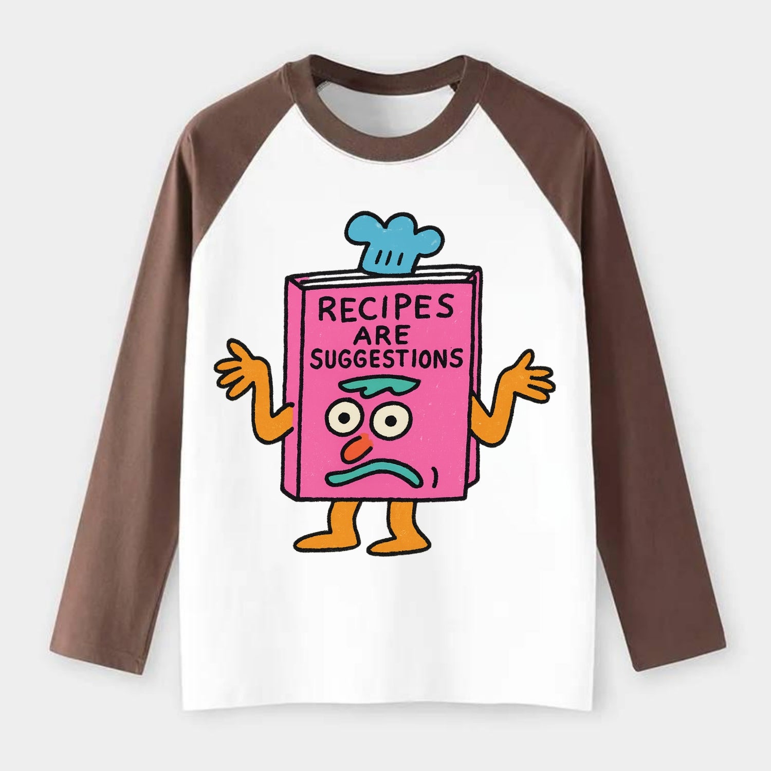 RECIPES ARE SUGGESTIONS | Cookbook shrugging - Raglan Long Sleeve T-Shirt - Coffee