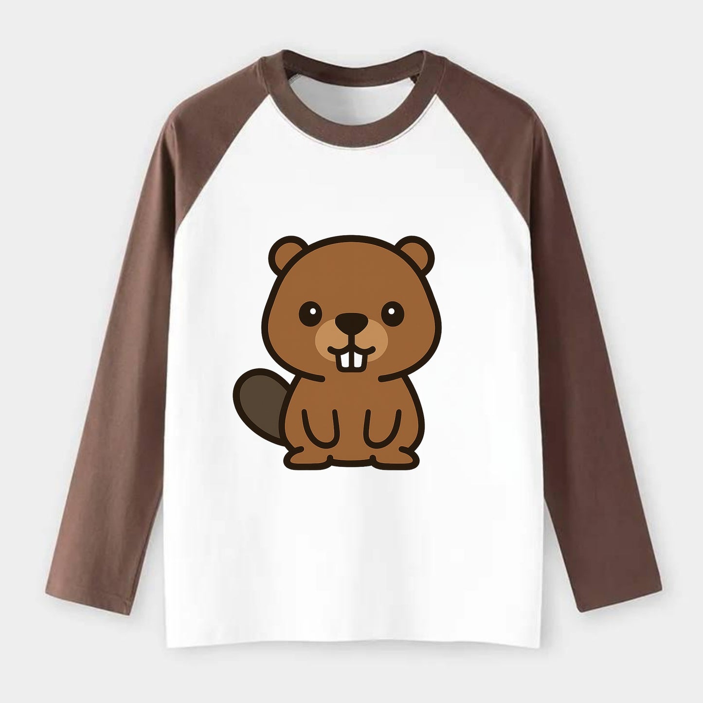 Baby Beaver - brown fur, paddle tail, buck teeth, friendly eyes, - Raglan Long Sleeve T-Shirt - Coffee