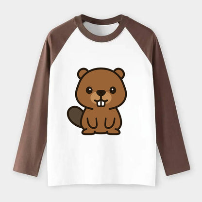 Baby Beaver - brown fur, paddle tail, buck teeth, friendly eyes, - Raglan Long Sleeve T-Shirt - Coffee