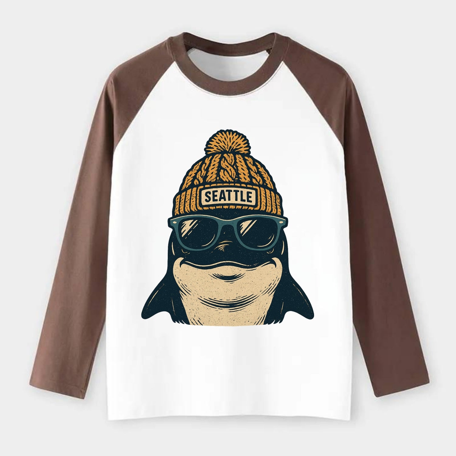 Seattle Orca wearing Seattle beanie with pom pom and wayfarer - Raglan Long Sleeve T-Shirt - Coffee