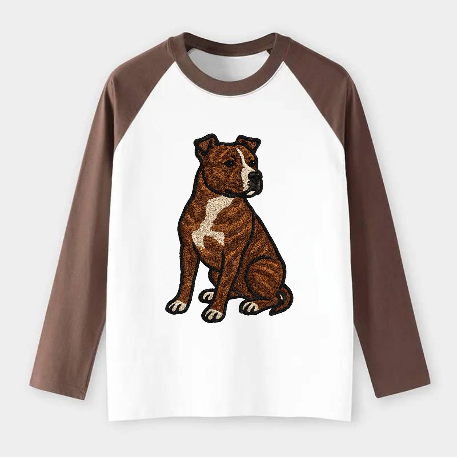 American Staffordshire Terrier - Brindle embroidered pose - Raglan Long Sleeve T-Shirt - Coffee