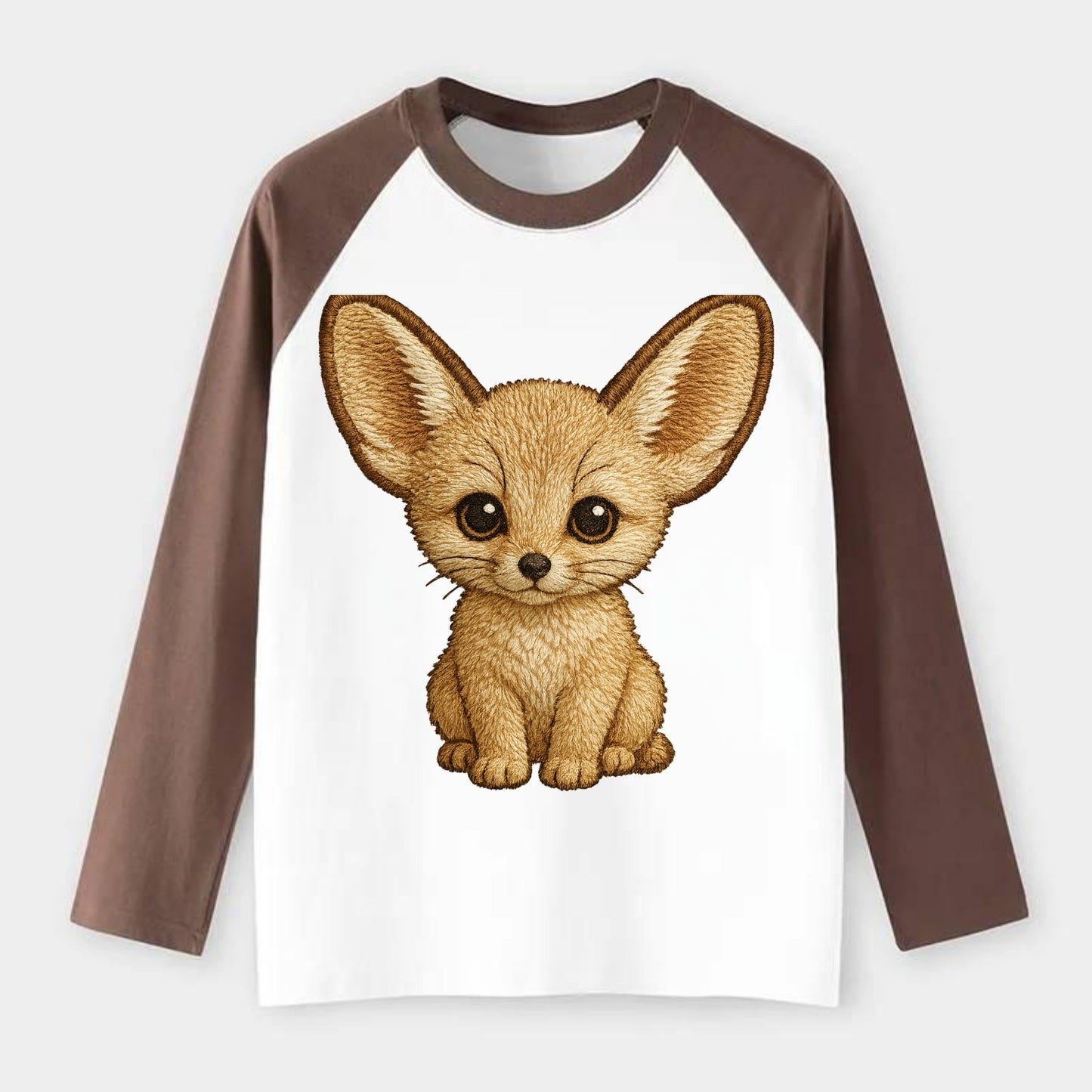 Baby Fennec Fox - huge ears, cream fur, large dark eyes, front-facing, - Raglan Long Sleeve T-Shirt - Coffee