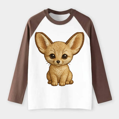 Baby Fennec Fox - huge ears, cream fur, large dark eyes, front-facing, - Raglan Long Sleeve T-Shirt - Coffee