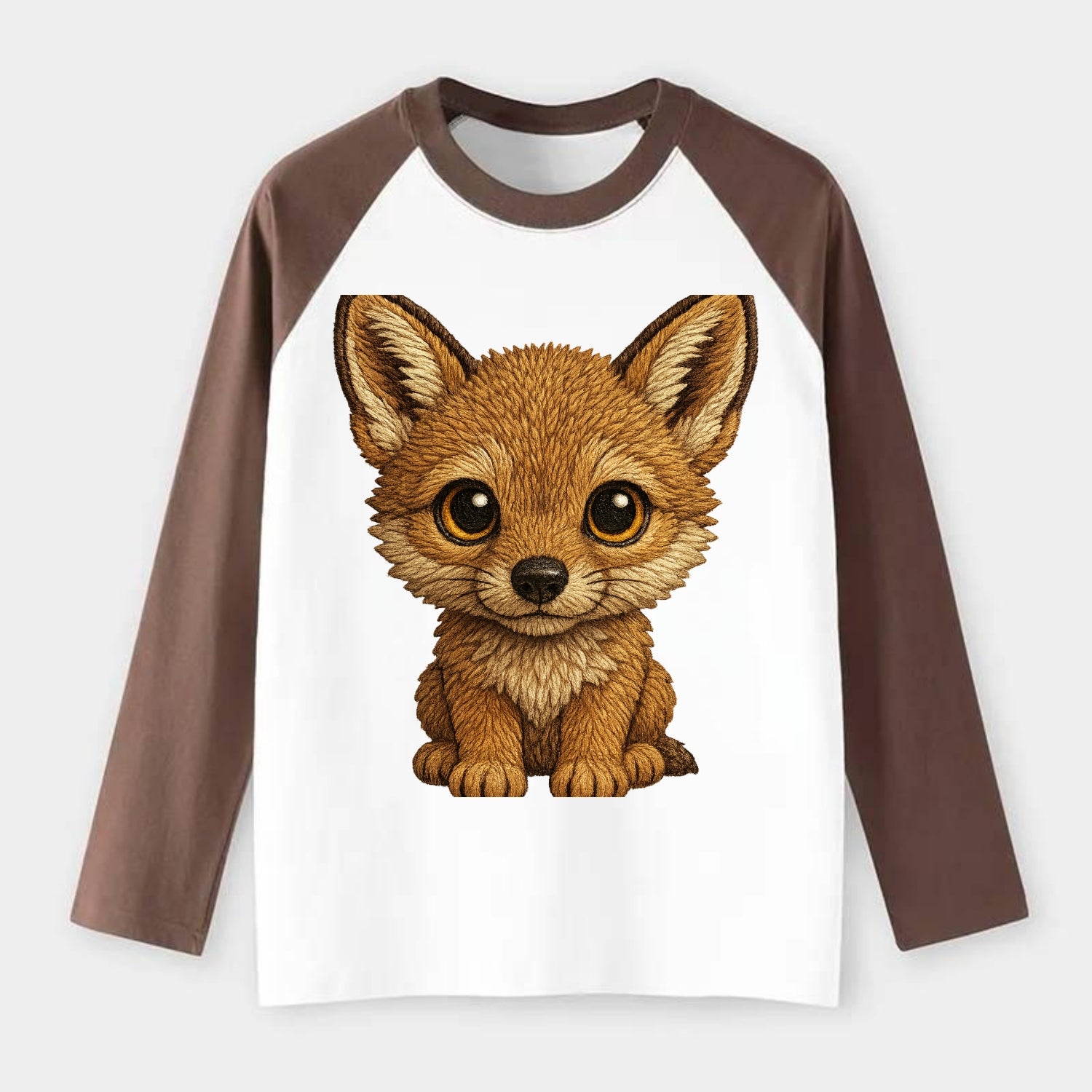 Baby Coyote Pup - tan fur, large ears, golden eyes, front-facing, - Raglan Long Sleeve T-Shirt - Coffee