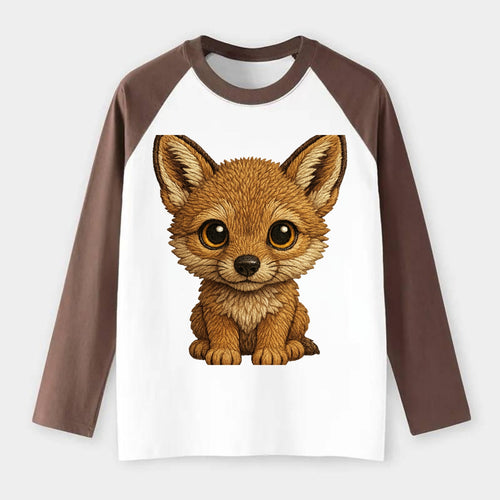 Baby Coyote Pup - tan fur, large ears, golden eyes, front-facing, - Raglan Long Sleeve T-Shirt