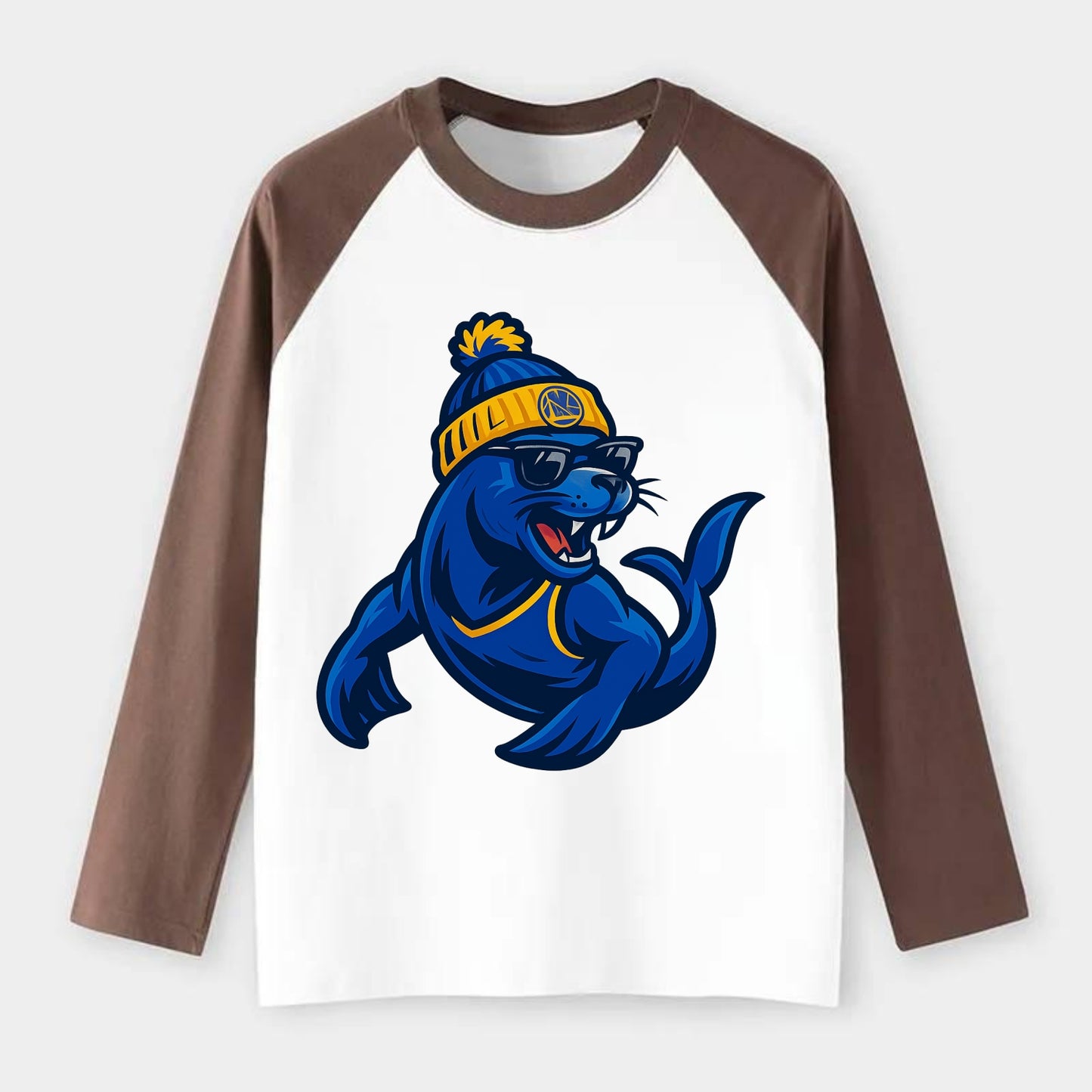 Bay Area Sea Lion wearing Warriors blue and gold beanie with Golden - Raglan Long Sleeve T-Shirt - Coffee