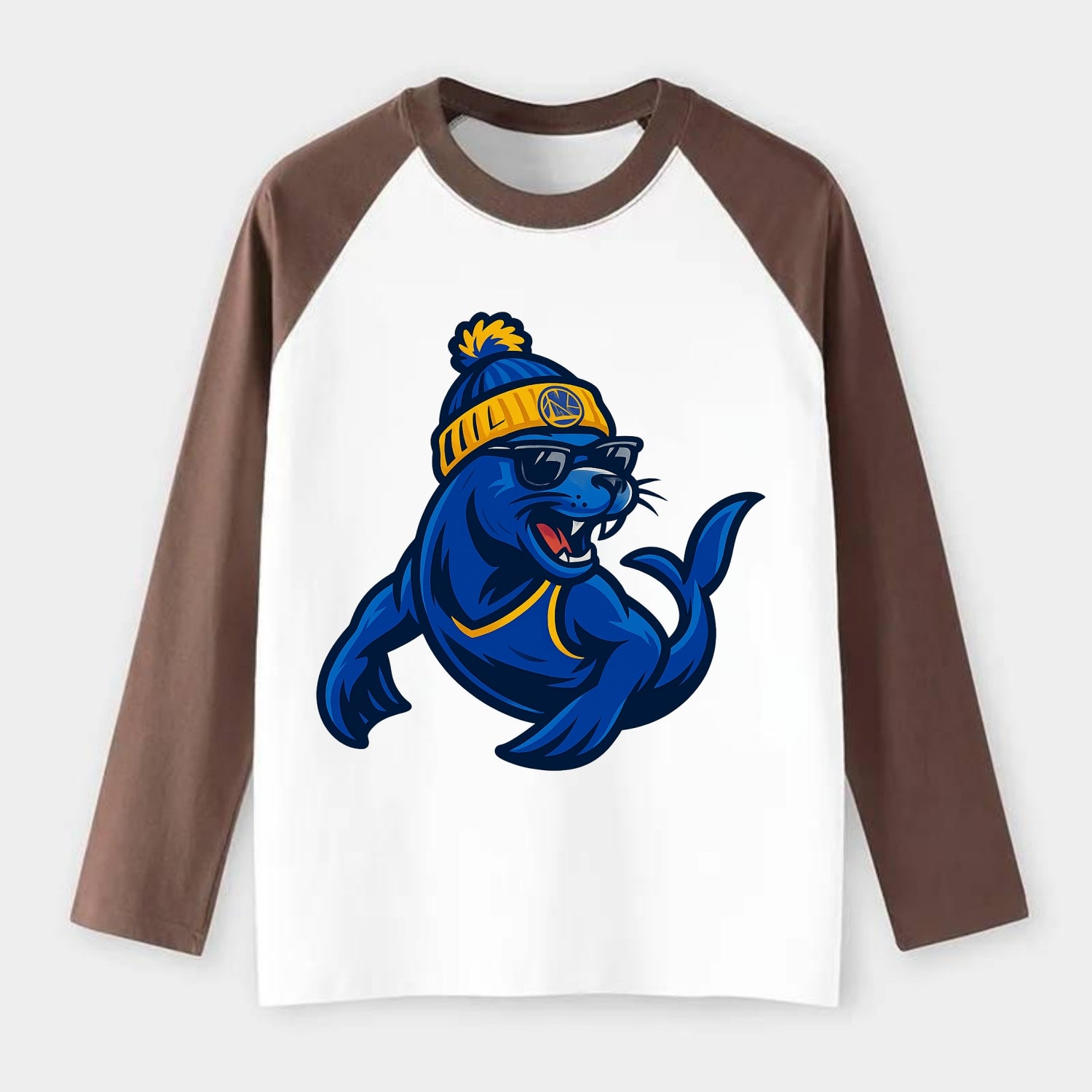 Bay Area Sea Lion wearing Warriors blue and gold beanie with Golden - Raglan Long Sleeve T-Shirt - Coffee
