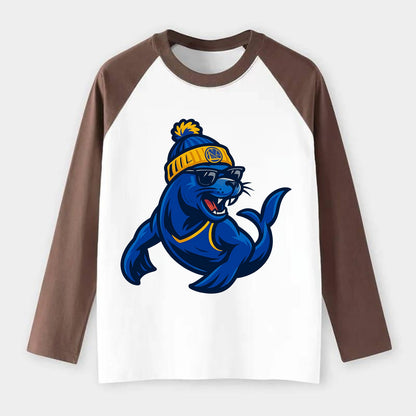 Bay Area Sea Lion wearing Warriors blue and gold beanie with Golden - Raglan Long Sleeve T-Shirt - Coffee