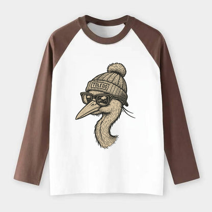 Toledo Great Blue Heron wearing Toledo beanie with pom pom and - Raglan Long Sleeve T-Shirt - Coffee