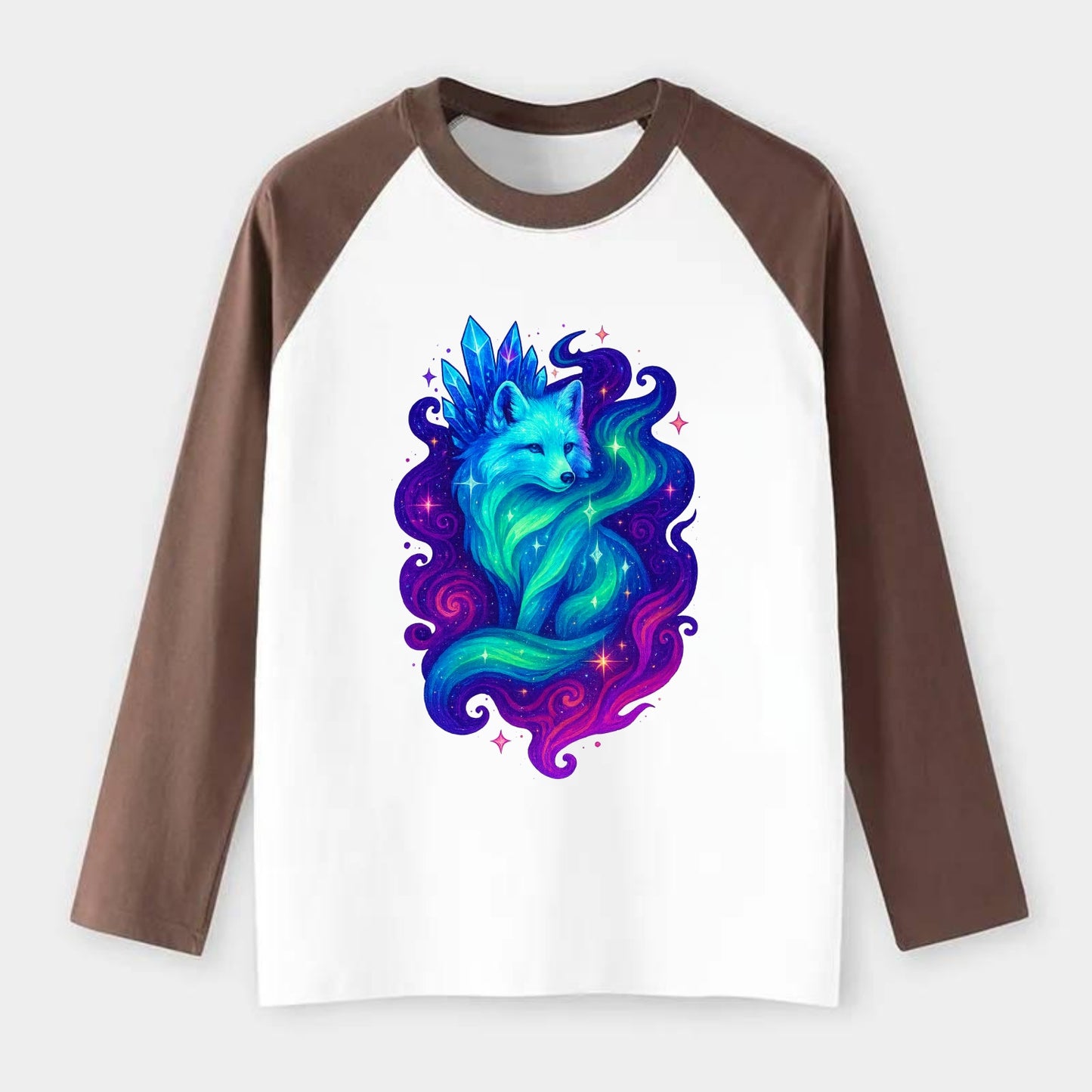 Ethereal arctic fox with fur that transforms into crystal formations, - Raglan Long Sleeve T-Shirt - Coffee