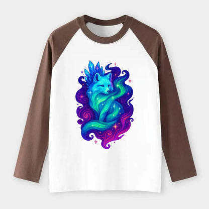 Ethereal arctic fox with fur that transforms into crystal formations, - Raglan Long Sleeve T-Shirt - Coffee