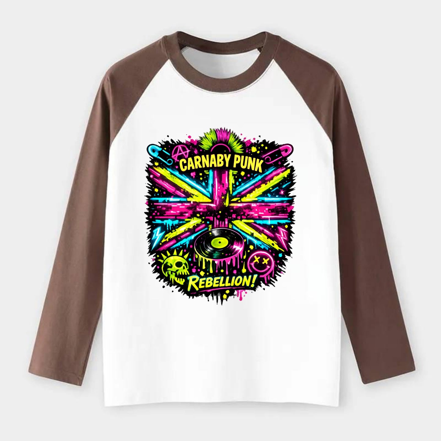 CARNABY PUNK | Swinging 60s meets 70s punk | Psychedelic Union Jack - Raglan Long Sleeve T-Shirt - Coffee