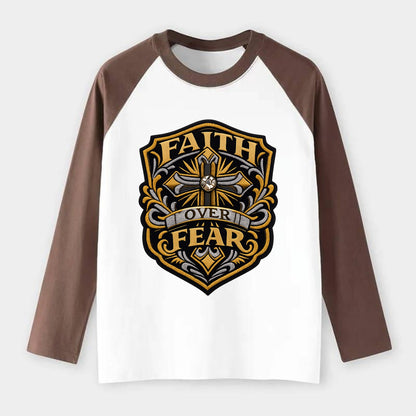 FAITH OVER FEAR - cross with text in gold , spiritual strength - Raglan Long Sleeve T-Shirt - Coffee