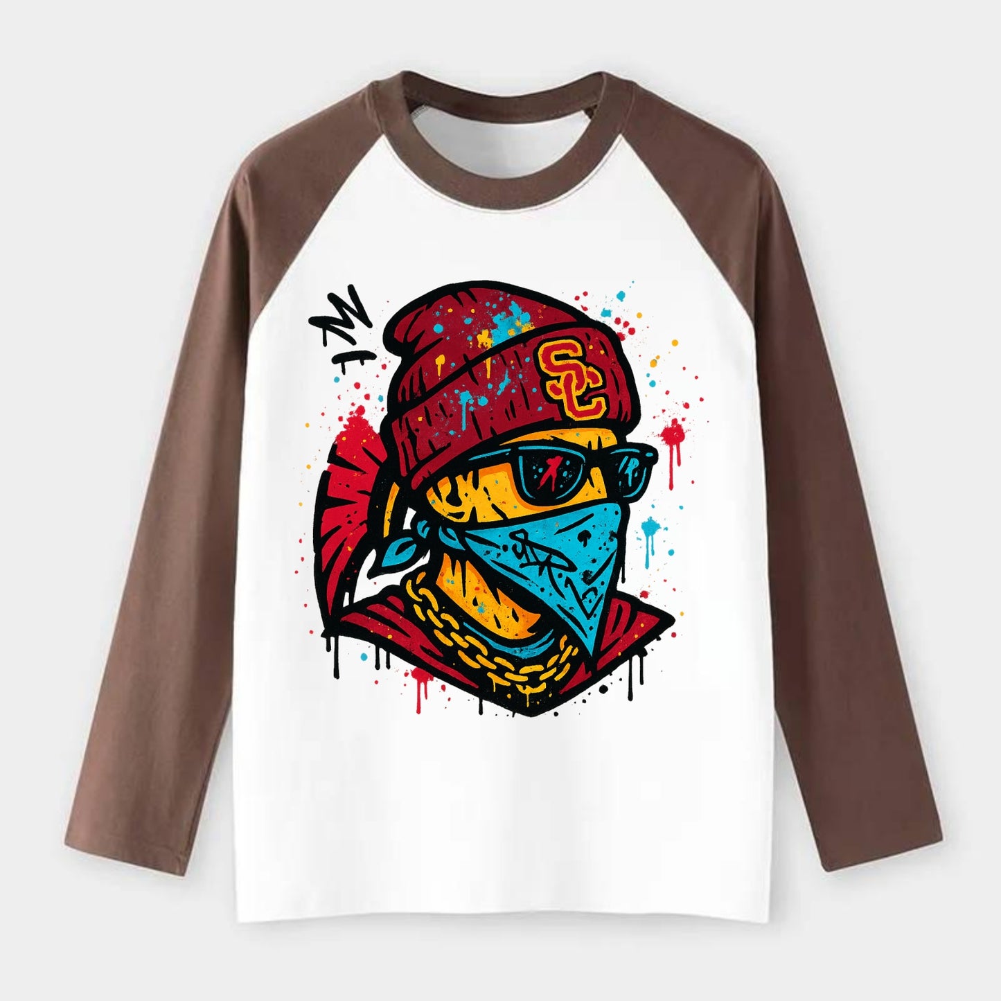 Los Angeles Trojan wearing USC beanie with SC patch - Raglan Long Sleeve T-Shirt - Coffee