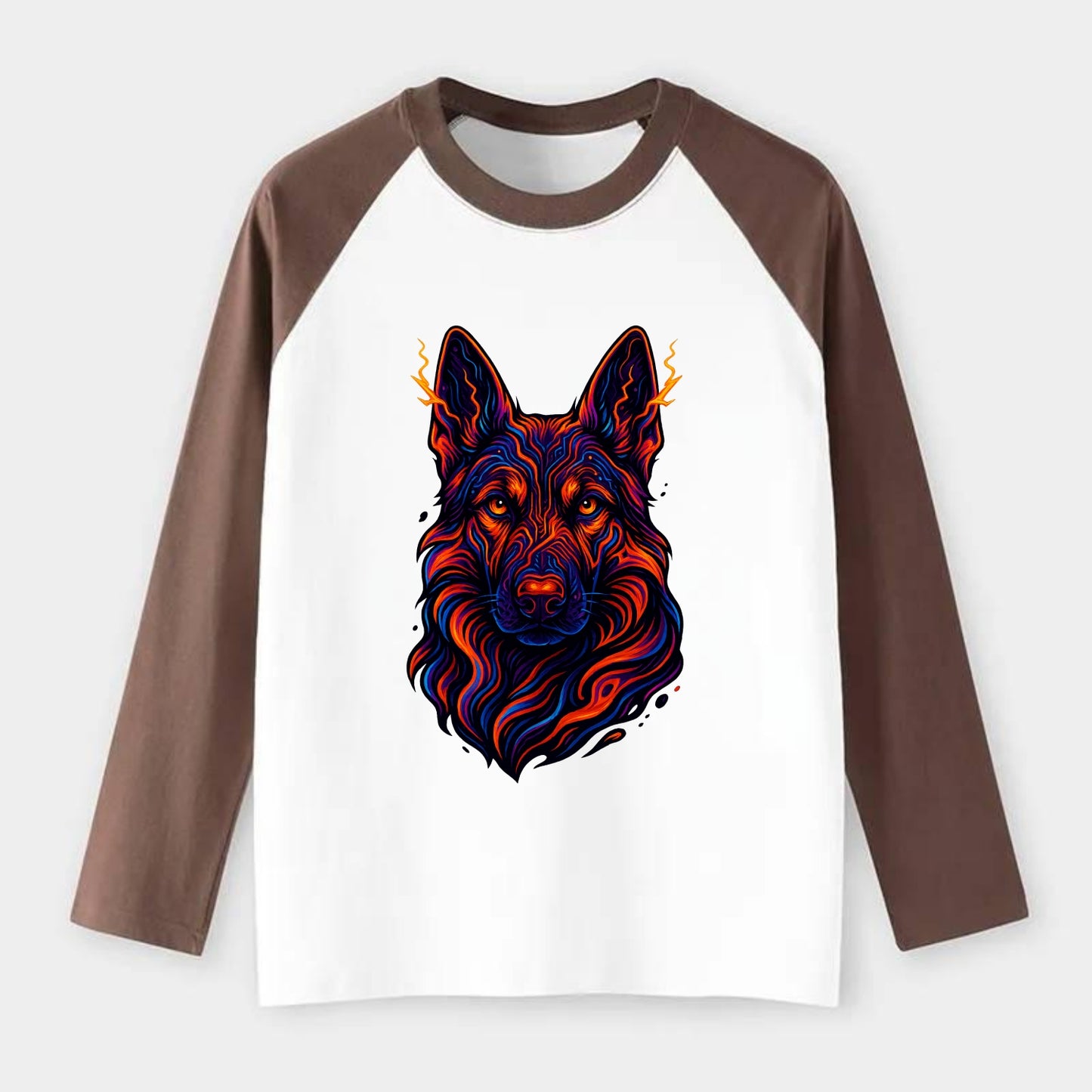 Alert German Shepherd with cyber circuit patterns in the fur, neon - Raglan Long Sleeve T-Shirt - Coffee