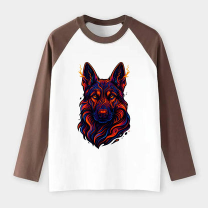 Alert German Shepherd with cyber circuit patterns in the fur, neon - Raglan Long Sleeve T-Shirt - Coffee