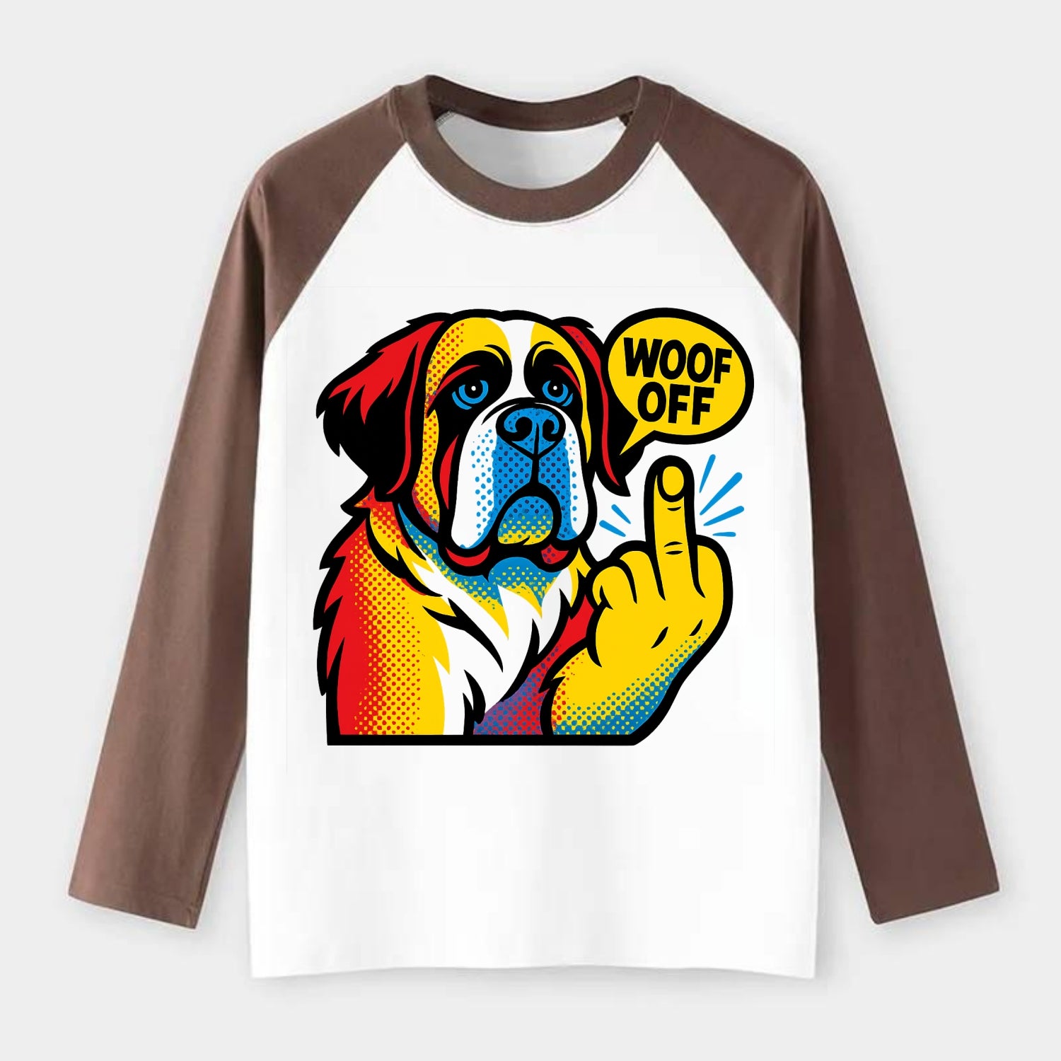 Saint Bernard with gentle giant face and droopy jowls, huge paw raised - Raglan Long Sleeve T-Shirt - Coffee