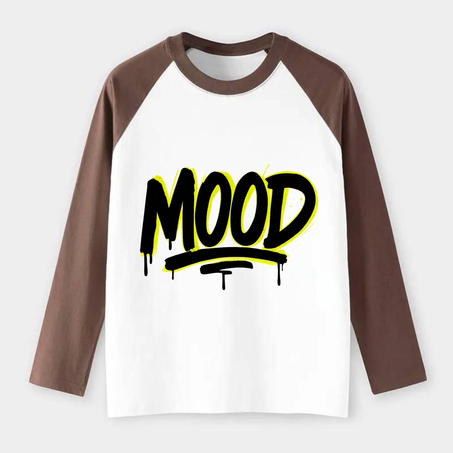 Bold typography design - "MOOD" - current state, feeling it - Raglan Long Sleeve T-Shirt - Coffee
