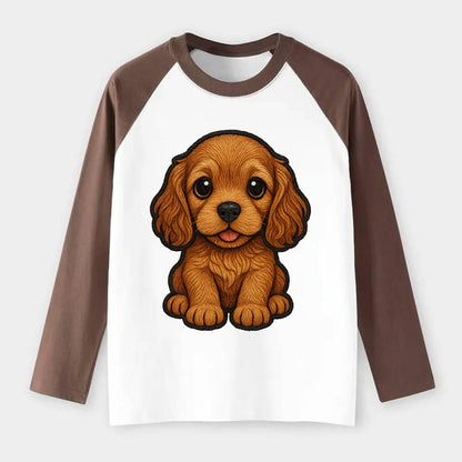 Baby Cocker Spaniel Puppy - long wavy ears, soulful eyes, silky coat, - Raglan Long Sleeve T-Shirt - Coffee