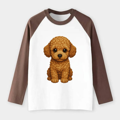 Baby Poodle Puppy - curly fluffy coat, intelligent eyes, elegant - Raglan Long Sleeve T-Shirt - Coffee