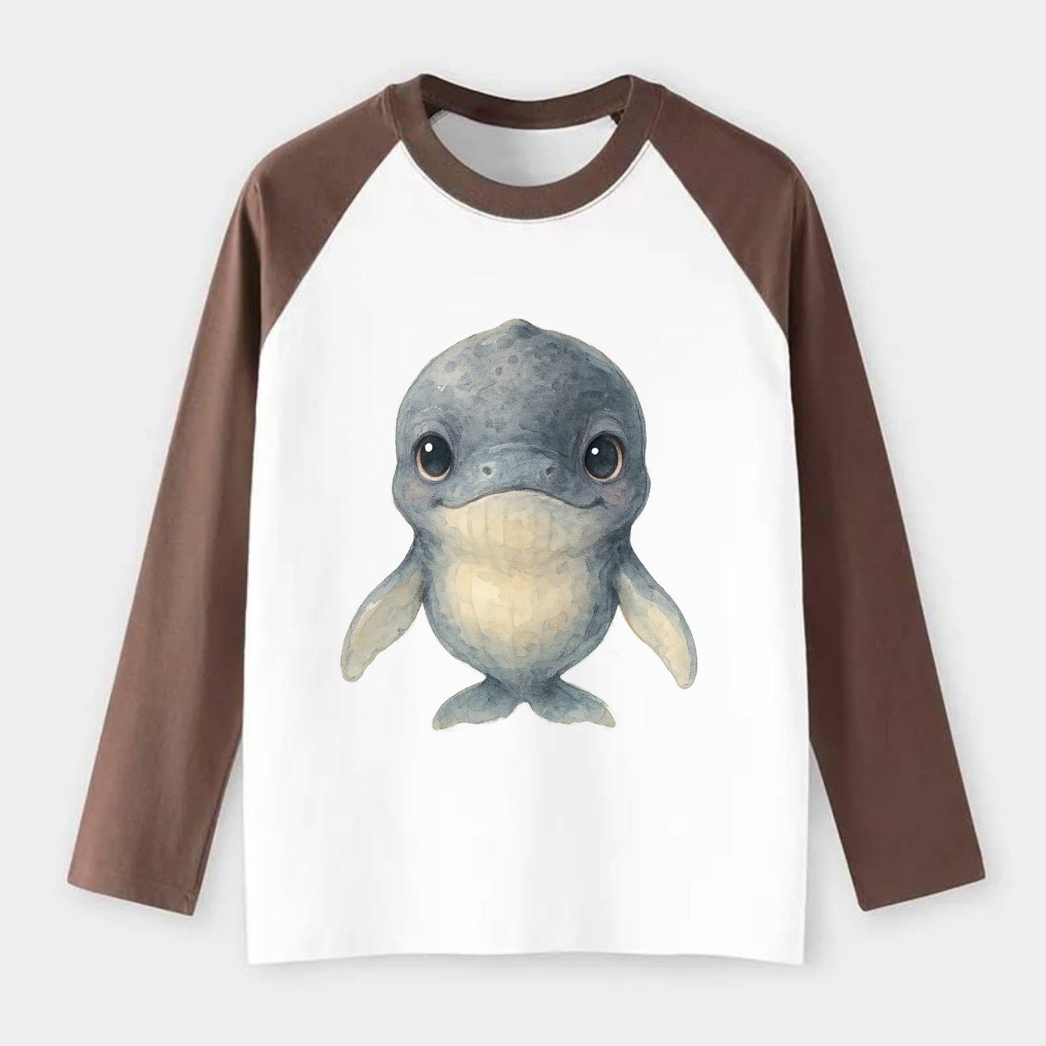 Baby Humpback Whale - dark gray with white flippers, large gentle - Raglan Long Sleeve T-Shirt - Coffee