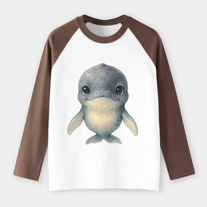 Baby Humpback Whale - dark gray with white flippers, large gentle - Raglan Long Sleeve T-Shirt - Coffee