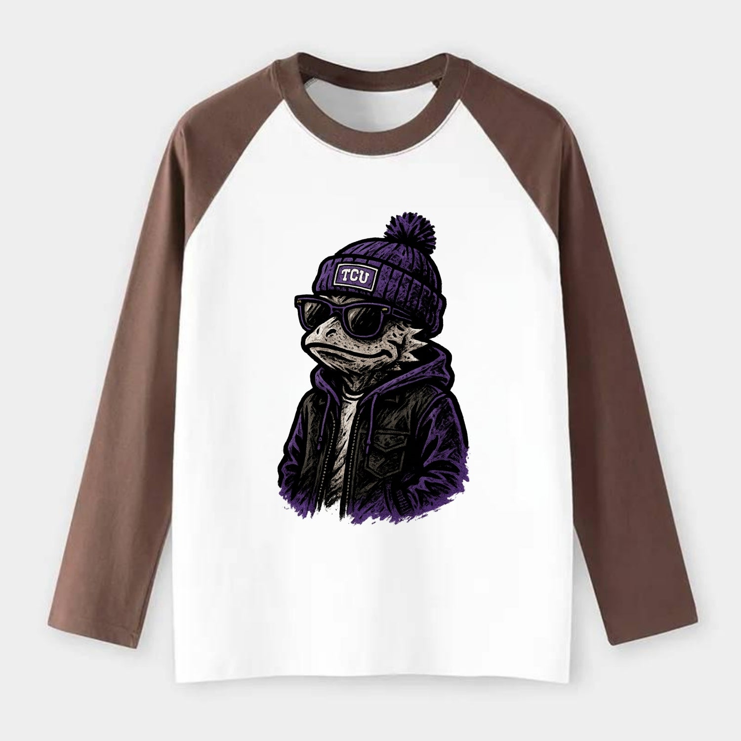 Fort Worth Frog wearing TCU beanie with horned patch - Raglan Long Sleeve T-Shirt - Coffee