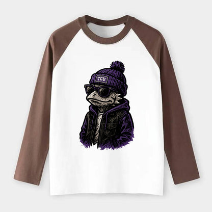 Fort Worth Frog wearing TCU beanie with horned patch - Raglan Long Sleeve T-Shirt - Coffee
