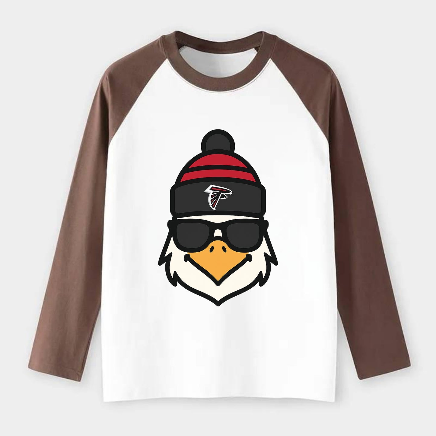 Atlanta Falcon wearing Falcons red and black beanie with pom pom and - Raglan Long Sleeve T-Shirt - Coffee