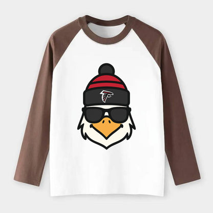 Atlanta Falcon wearing Falcons red and black beanie with pom pom and - Raglan Long Sleeve T-Shirt - Coffee