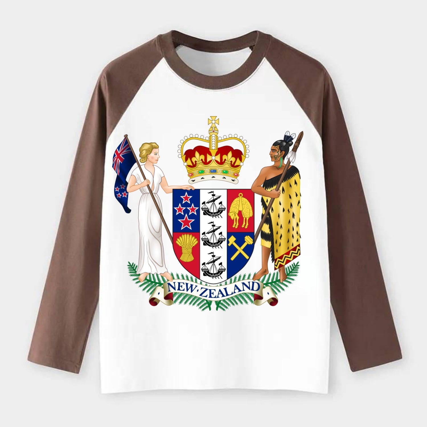 Coat Of Arms Of New Zealand - Raglan Long Sleeve T-Shirt - Coffee