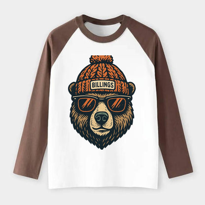 Montana Grizzly Bear wearing Billings beanie with pom pom and wayfarer - Raglan Long Sleeve T-Shirt - Coffee