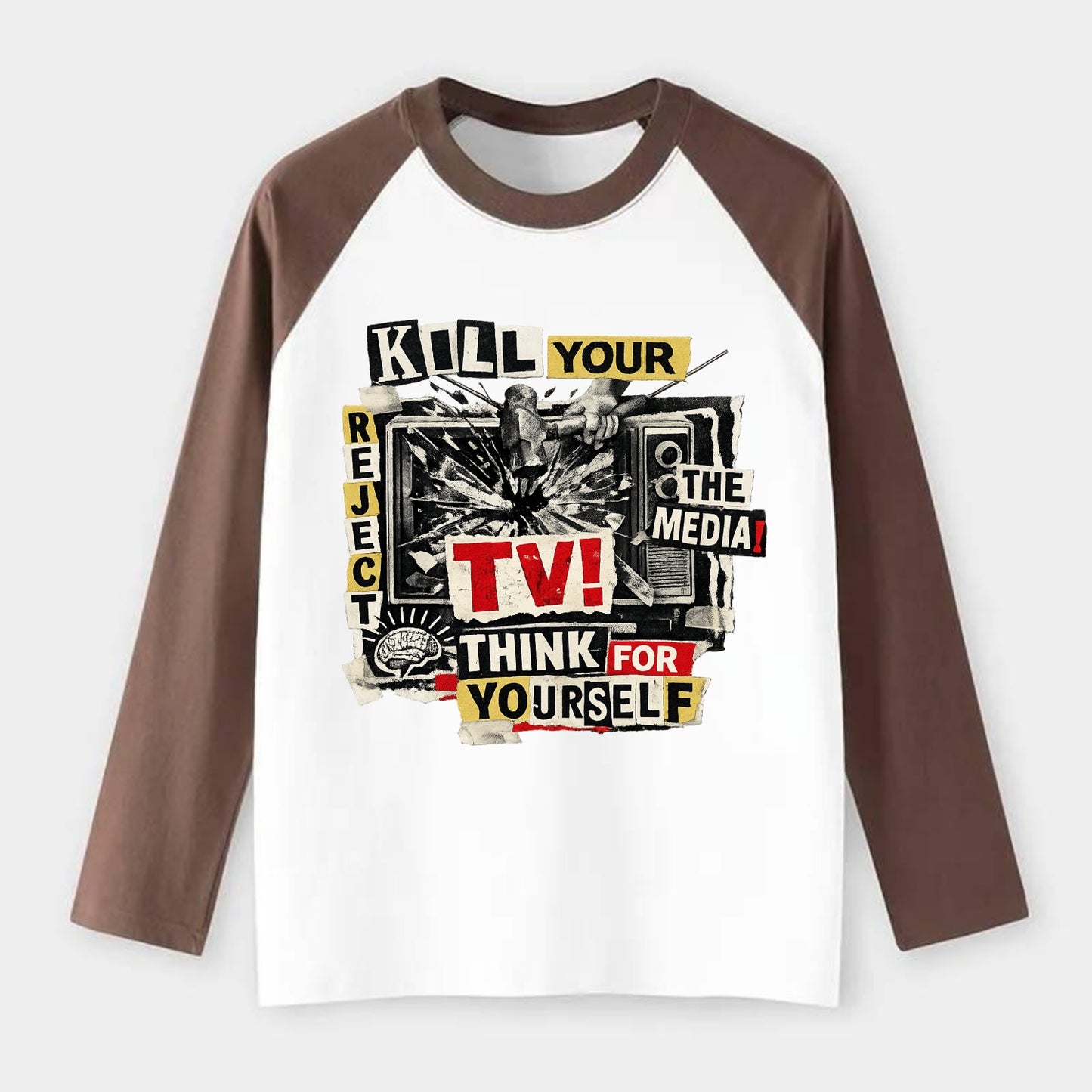 KILL YOUR TV | Smashed television | Reject media | Think for yourself - Raglan Long Sleeve T-Shirt - Coffee