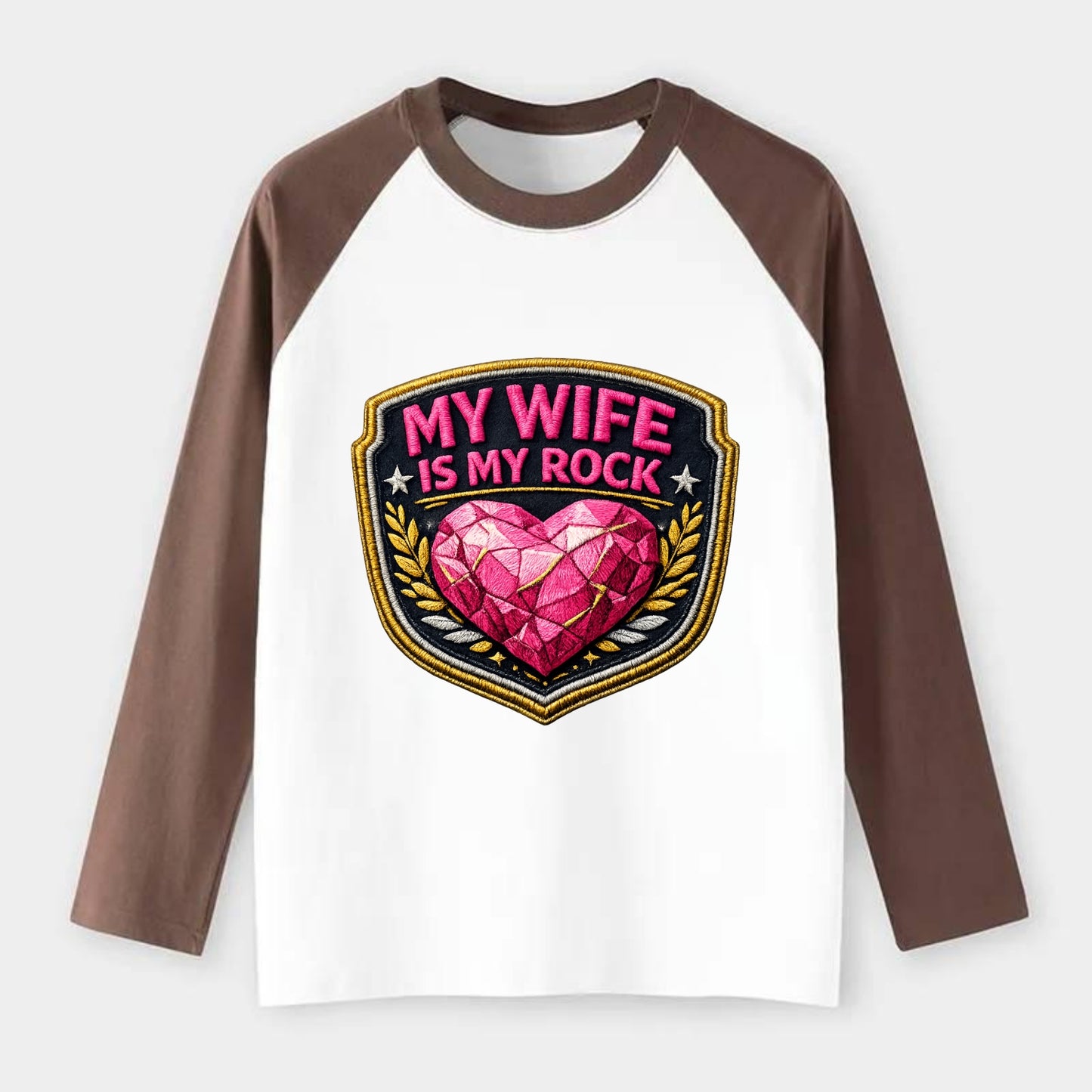 MY WIFE IS MY ROCK - pink rock heart - pink - solid wife - Raglan Long Sleeve T-Shirt - Coffee