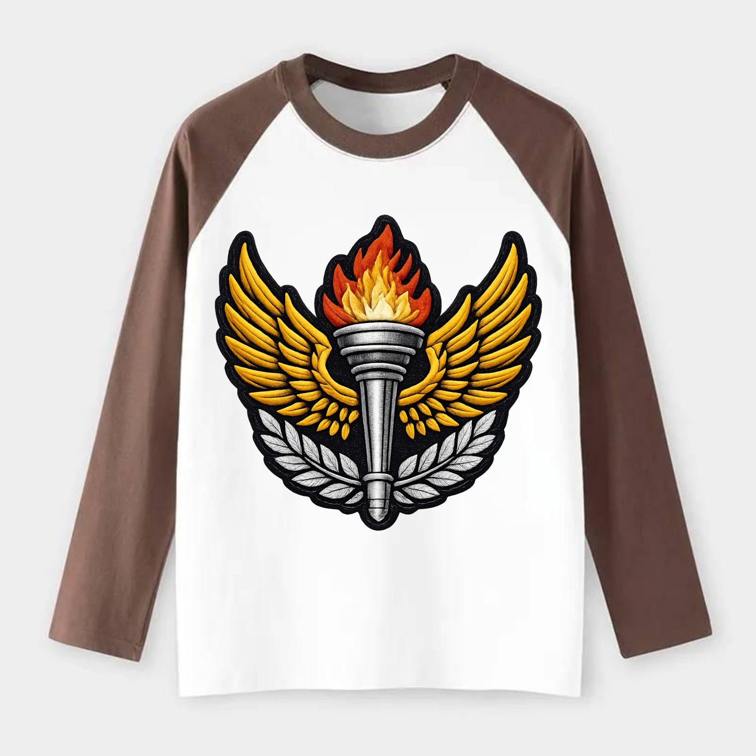 Embroidered patch design - TRACK AND FIELD TORCH - Olympic style torch - Raglan Long Sleeve T-Shirt - Coffee