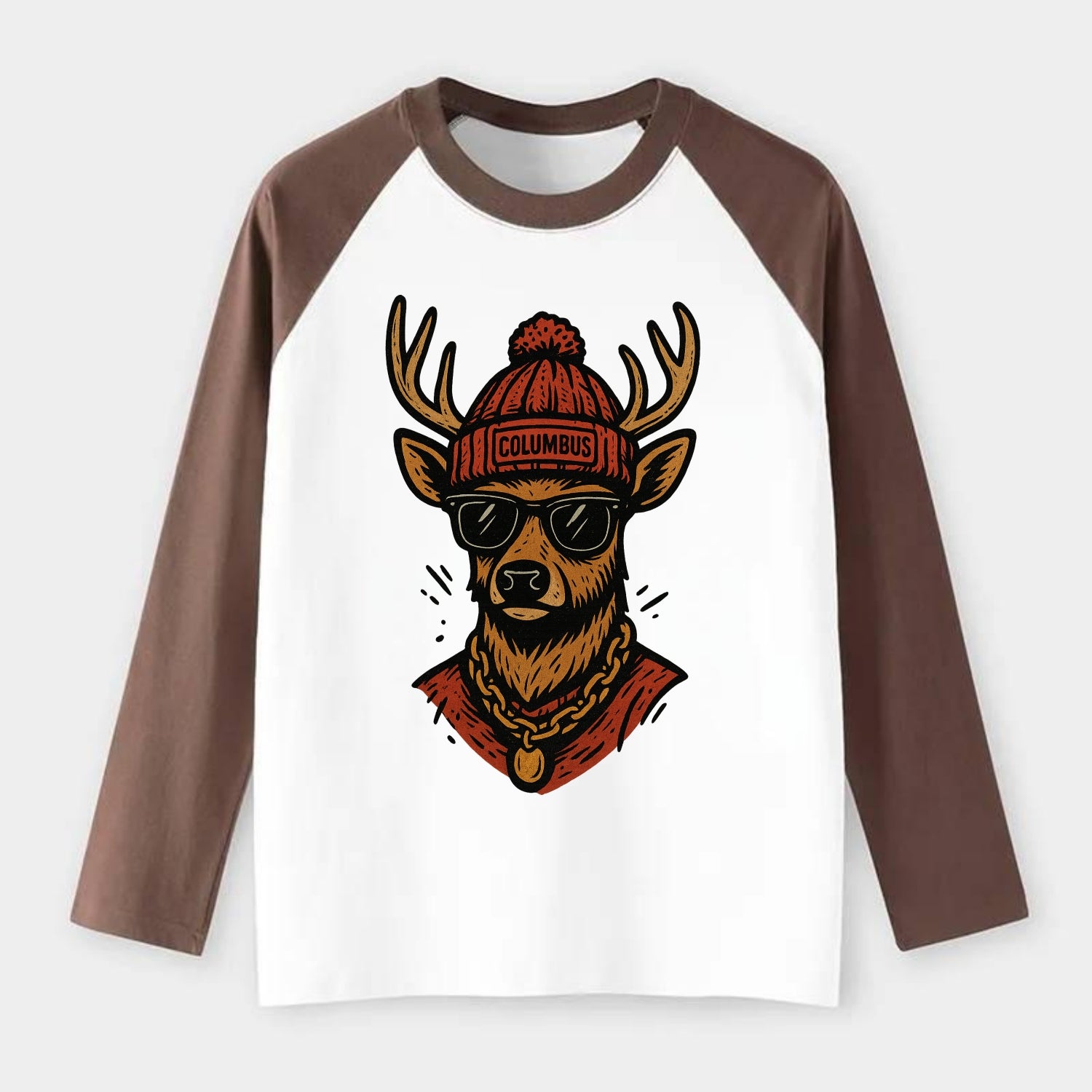 Columbus White-tailed Deer wearing Columbus beanie with pom pom and - Raglan Long Sleeve T-Shirt - Coffee