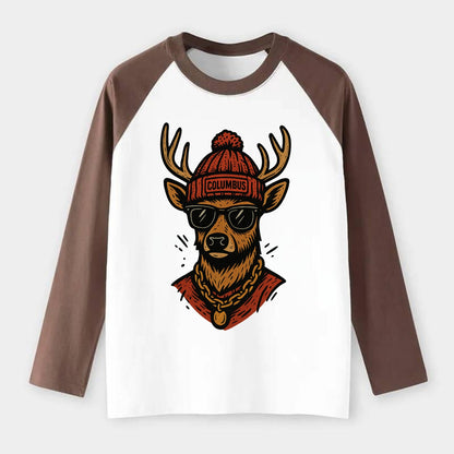 Columbus White-tailed Deer wearing Columbus beanie with pom pom and - Raglan Long Sleeve T-Shirt - Coffee